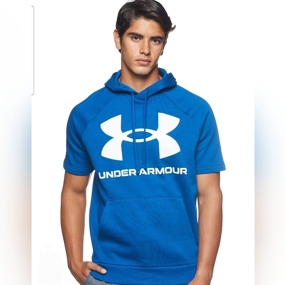 Under Armour Short Sleeve Hoodie Athletic Sweatshirt Logo Graphic Blue Size S